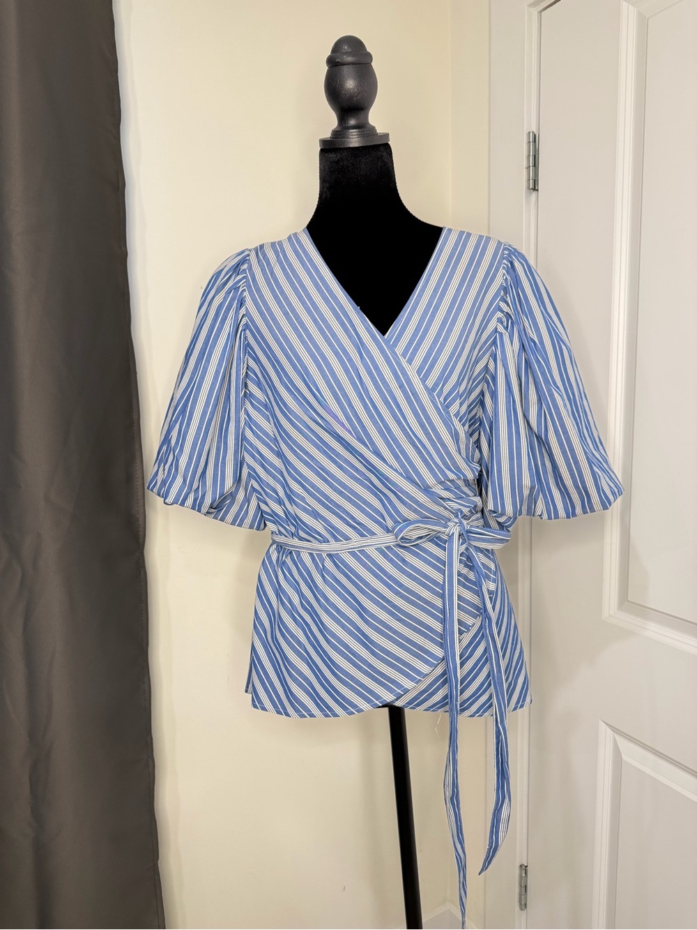 Blue & White Striped Wrap Top with Tie Waist